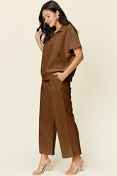 Double Take Full Size Texture Half Zip Short Sleeve Top and Pants Set - MyEmpired