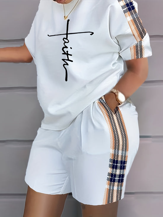 Plaid Print Splicing Two-piece Set, Faith Print Short Sleeve Tops & Pocket Workout Shorts Outfits, Women&