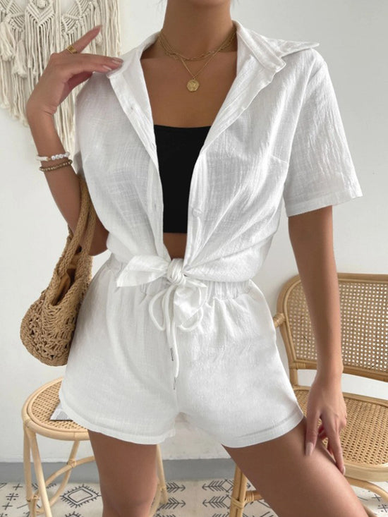 Button Up Short Sleeve Shirt and Drawstring Shorts Set - MyEmpired