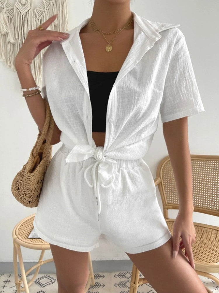 Button Up Short Sleeve Shirt and Drawstring Shorts Set - MyEmpired