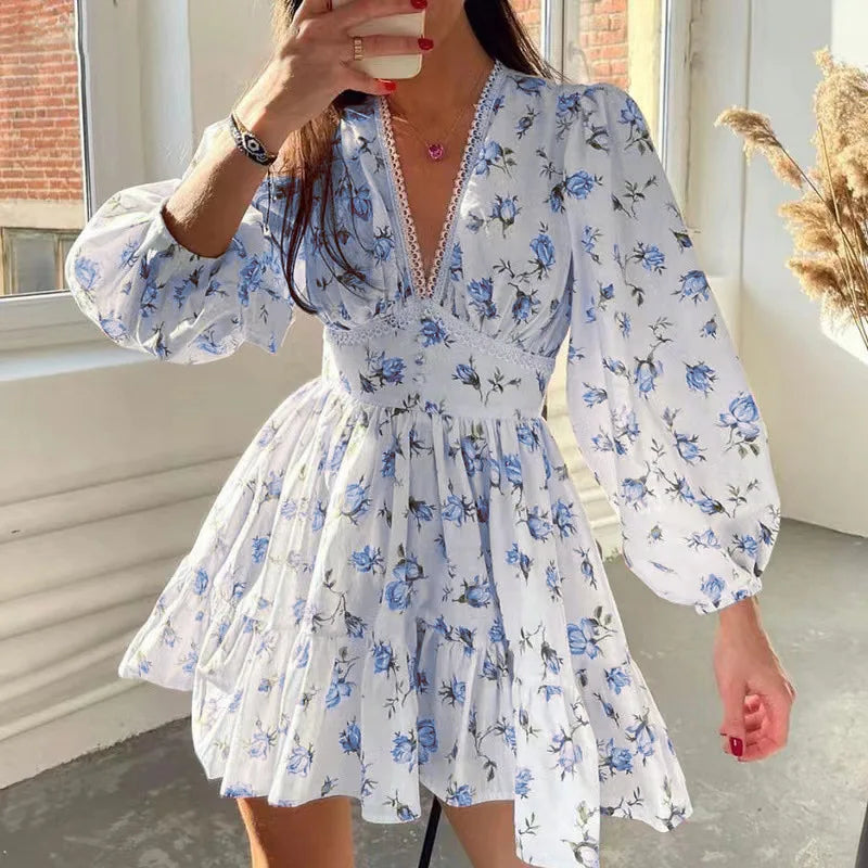 Women Floral Print Mini Dress High Waist A-Line Summer Autumn Long Sleeve V Neck Dresses Vintage Beach Vacation Casual Vestidos