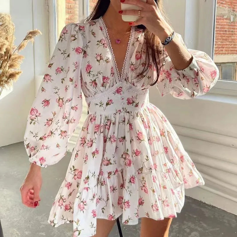 Women Floral Print Mini Dress High Waist A-Line Summer Autumn Long Sleeve V Neck Dresses Vintage Beach Vacation Casual Vestidos