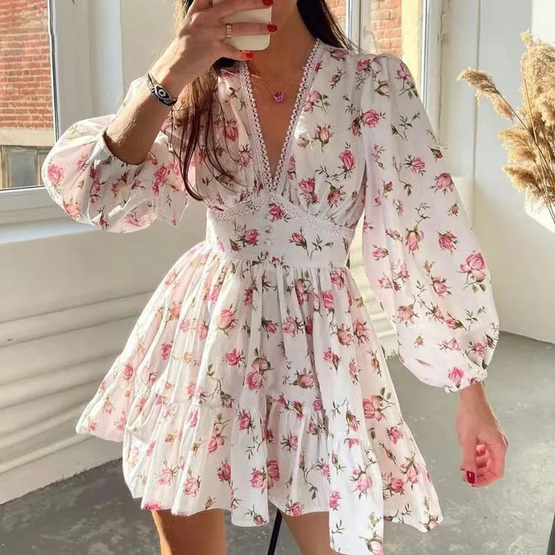 Women Floral Print Mini Dress High Waist A-Line Summer Autumn Long Sleeve V Neck Dresses Vintage Beach Vacation Casual Vestidos