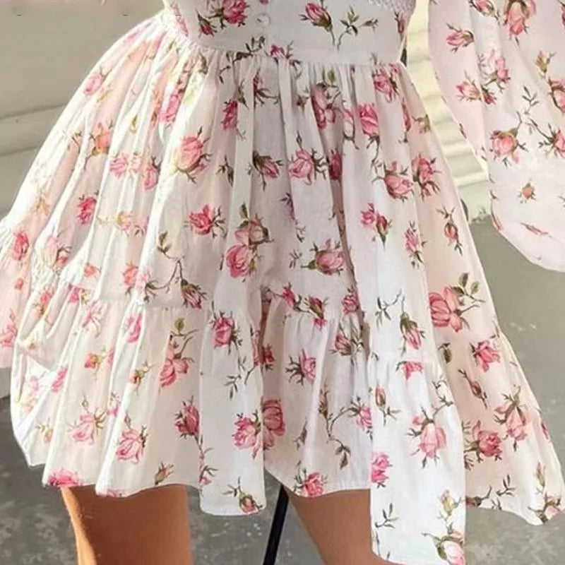 Women Floral Print Mini Dress High Waist A-Line Summer Autumn Long Sleeve V Neck Dresses Vintage Beach Vacation Casual Vestidos