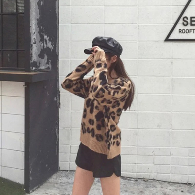 Leopard Print Cashmere Sweater Women Pullover Mohair Sweater Korean Long Sleeve Knit Pullovers O-Neck Winter Warm Jumper Tops