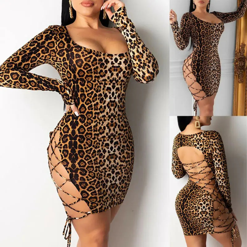 Women Sexy Long Sleeve Leopard Print Low Cut Hollow Out Lace Up Bandage Skinny Backless Bodycon Evening Party Club Mini Dress