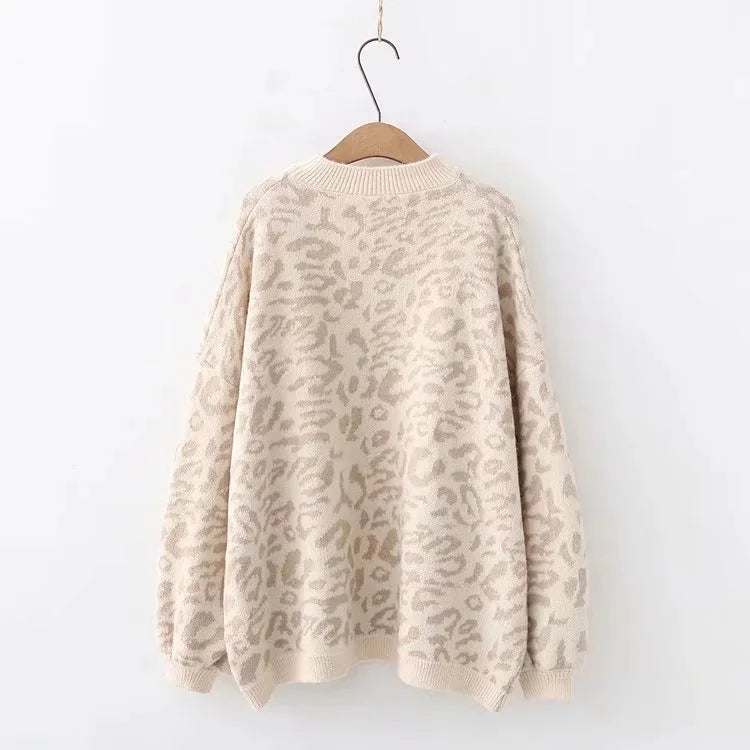 2024 New Women's sweater Autumn And Winter Knitted Loose Leopard Round Neck Pullover Long Lantern Sleeve Sweater