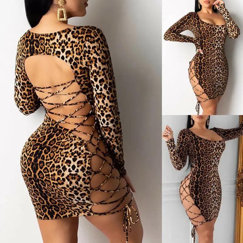 Women Sexy Long Sleeve Leopard Print Low Cut Hollow Out Lace Up Bandage Skinny Backless Bodycon Evening Party Club Mini Dress