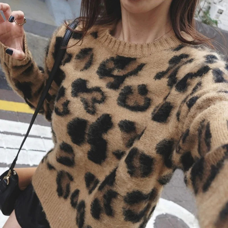 Leopard Print Cashmere Sweater Women Pullover Mohair Sweater Korean Long Sleeve Knit Pullovers O-Neck Winter Warm Jumper Tops