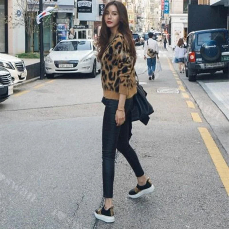 Leopard Print Cashmere Sweater Women Pullover Mohair Sweater Korean Long Sleeve Knit Pullovers O-Neck Winter Warm Jumper Tops