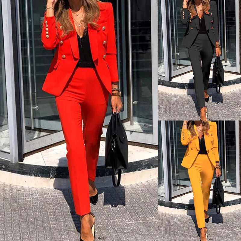 Women Jacket Blazer Suit Fashion Casual Ladies Solid Color Two Piece 2021 Autumn Winter Office Wear Elegant Suit Jacket Pants - MyEmpired