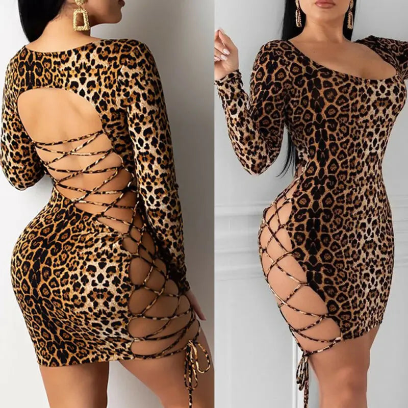 Women Sexy Long Sleeve Leopard Print Low Cut Hollow Out Lace Up Bandage Skinny Backless Bodycon Evening Party Club Mini Dress