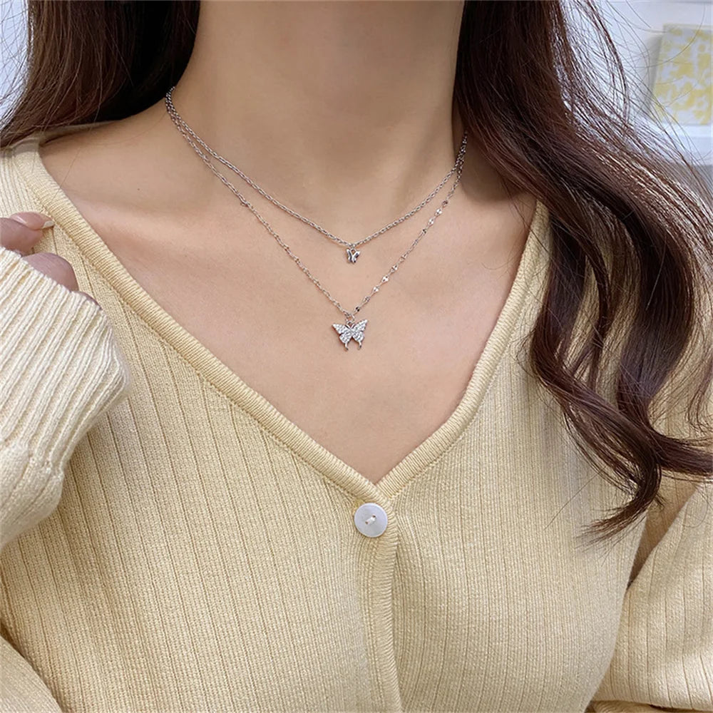 New Shiny Butterfly Necklace Ladies Exquisite Double Layer Clavicle Chain Necklace Jewelry for Ladies Gift - MyEmpired