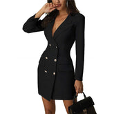 Women Dress Trench Slim Wool Long Coat Jacket Blazer Tops Office Ladies Autumn Winter Blazer Slim Mini Dress V-Neck Outwear - MyEmpired