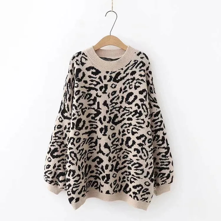 2024 New Women's sweater Autumn And Winter Knitted Loose Leopard Round Neck Pullover Long Lantern Sleeve Sweater