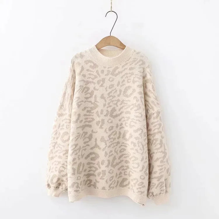 2024 New Women's sweater Autumn And Winter Knitted Loose Leopard Round Neck Pullover Long Lantern Sleeve Sweater