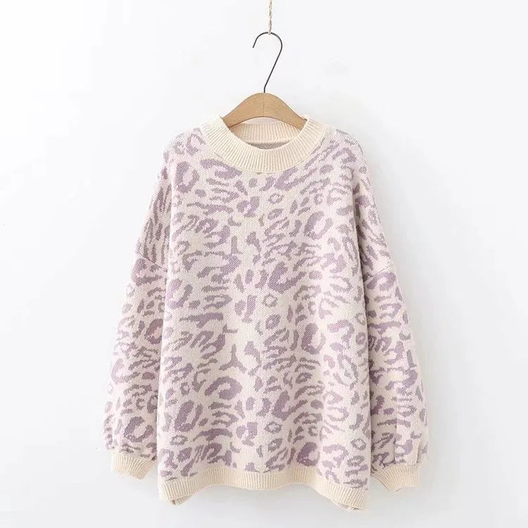 2024 New Women's sweater Autumn And Winter Knitted Loose Leopard Round Neck Pullover Long Lantern Sleeve Sweater