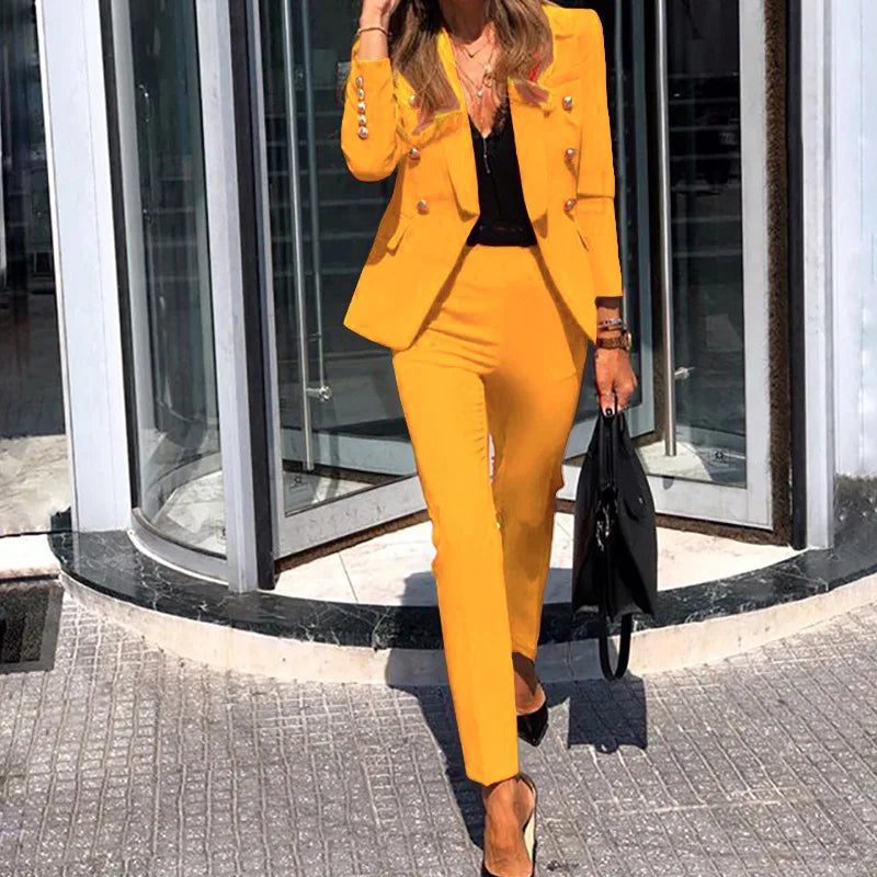 Women Jacket Blazer Suit Fashion Casual Ladies Solid Color Two Piece 2021 Autumn Winter Office Wear Elegant Suit Jacket Pants - MyEmpired