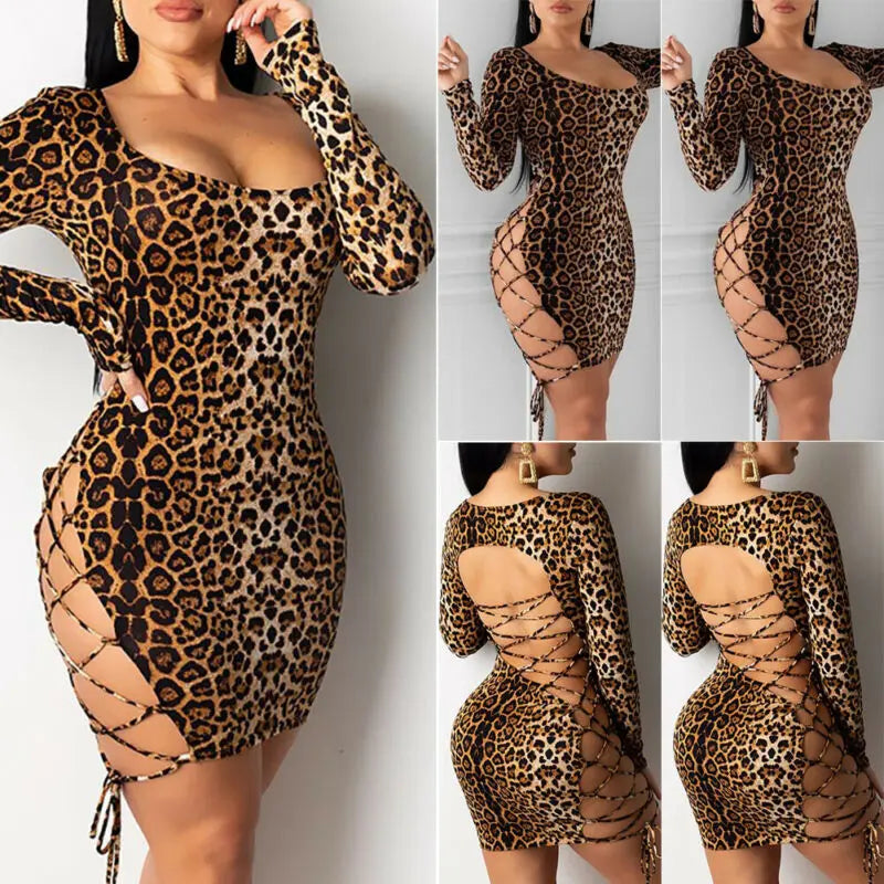 Women Sexy Long Sleeve Leopard Print Low Cut Hollow Out Lace Up Bandage Skinny Backless Bodycon Evening Party Club Mini Dress