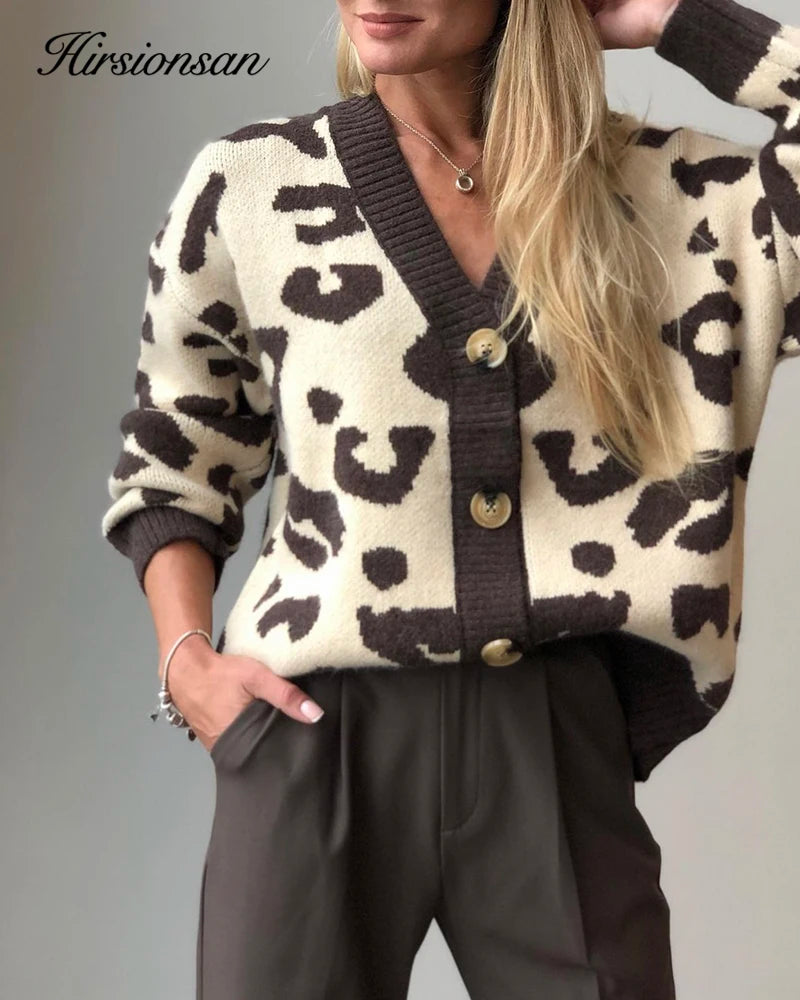 Hirsionsan Soft Knitted Leopard Cardigan Women 2023 Autumn New V Neck Y2k Crop Female Sweater Oversized Warm Ladies Clothes