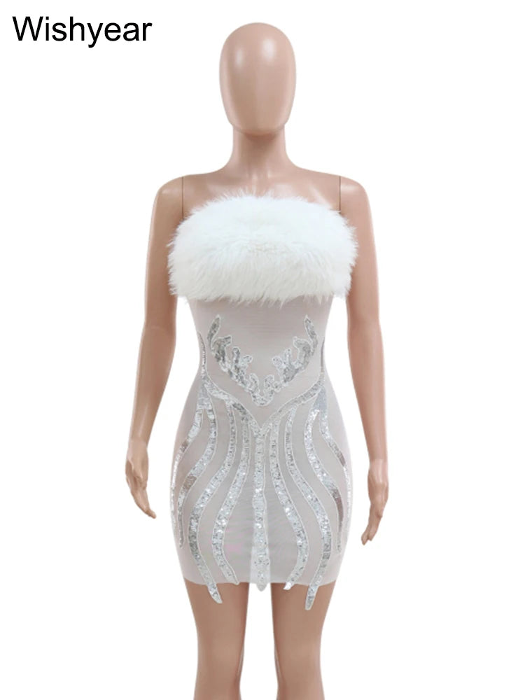 Wishyear Sexy Night Club Luxury Mini Feather Sequin Transparent Mesh Short Dress for Womens White Midnight Bodycon Party Robe