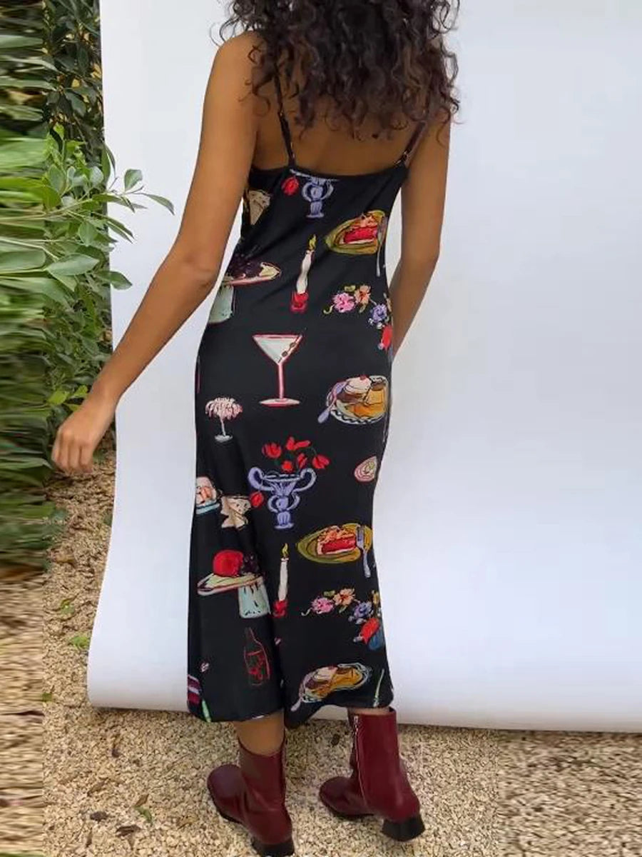 Women Cami Dress Table Collection Print Sleeveless Backless Slip Dress Midi Bodycon Dress 90S Aesthetic E-Girl Party Dresses