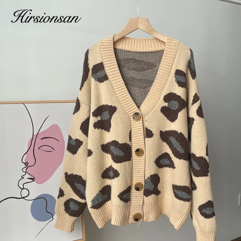 Hirsionsan Soft Knitted Leopard Cardigan Women 2023 Autumn New V Neck Y2k Crop Female Sweater Oversized Warm Ladies Clothes