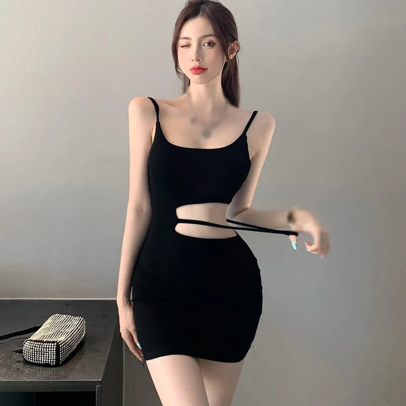 Women Sexy Bodycon Dress Women Spaghetti Strap Waist Cut out Slim Sleeveless Backless Skinny Mini Dress Elegant Party Vestidos