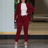 2pcs Women Office Clothing Set Long Sleeve Blazer Jacket & High Waist Pencil Pants Solid Color - MyEmpired