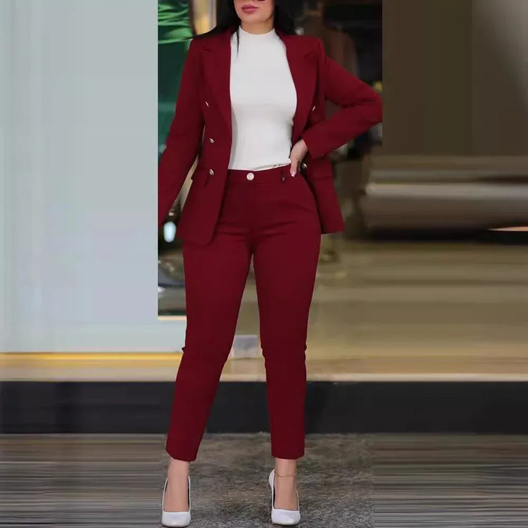 2pcs Women Office Clothing Set Long Sleeve Blazer Jacket & High Waist Pencil Pants Solid Color - MyEmpired