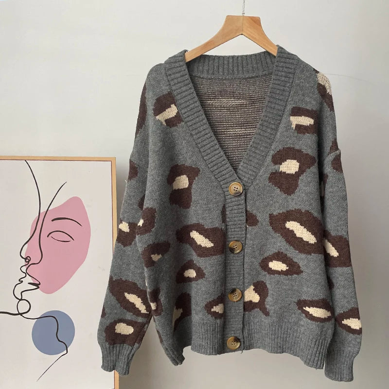 Hirsionsan Soft Knitted Leopard Cardigan Women 2023 Autumn New V Neck Y2k Crop Female Sweater Oversized Warm Ladies Clothes