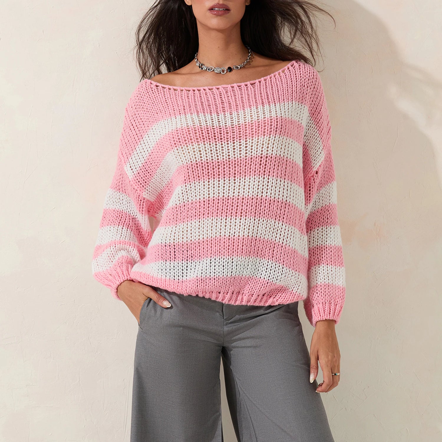 Women Striped Knit Sweaters 2024 Oversized Fall Winter Drop Shoulder Color Block Long Sleeve Loose Fit Pullover Tops D16 - MyEmpired