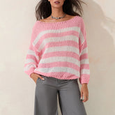 Women Striped Knit Sweaters 2024 Oversized Fall Winter Drop Shoulder Color Block Long Sleeve Loose Fit Pullover Tops D16 - MyEmpired
