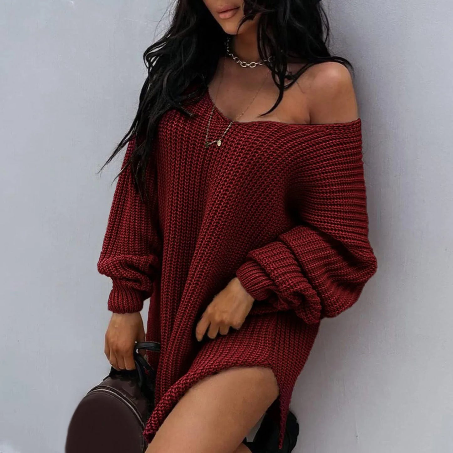 Women Oversize Sweater Solid Color Drop Shoulder Long Sleeves Long Sweater New Knitting V Neck Fashion Sexy Sweater Autumn