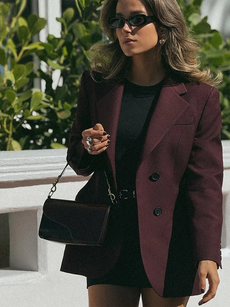 Vintage Burgundy Lapel Single Breasted Blazer Coat Women Chic Long Sleeve Waist Slim Jackets 2025 Spring Lady Commute Outwear