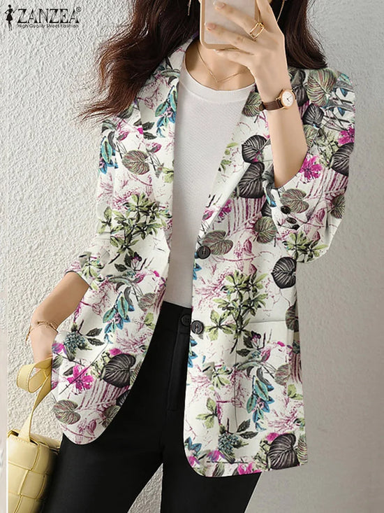 Women Autumn Blazer Retro Printed Coats Casual Long Sleeve Floral Outerwear ZANZEA Female Single Button Lapel Jackets Oversize - MyEmpired