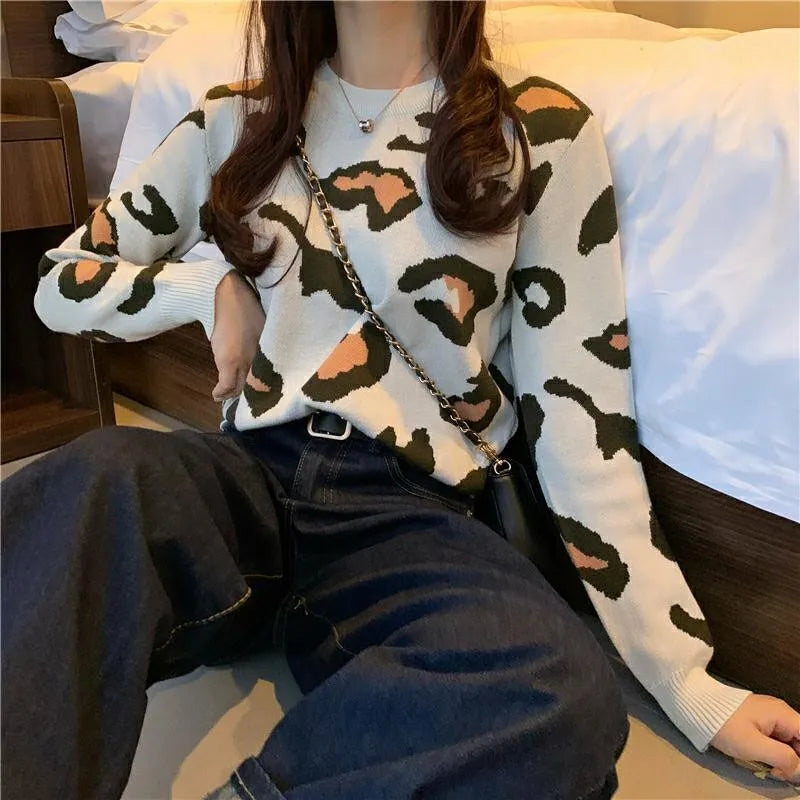 Pink Women Leopard Knitted Sweater Winter Animal Print Thick Long Sleeve O-neck Female Pullovers Casual Tops 2024 New Arrival