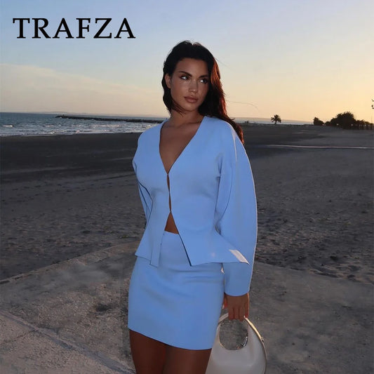 TRAFZA 2024 Spring Summer Sexy Solid Knitted Women Suits Fashion Nightclub V Neck Single Breasted Shirts+Chic Mini Pencil Skirts