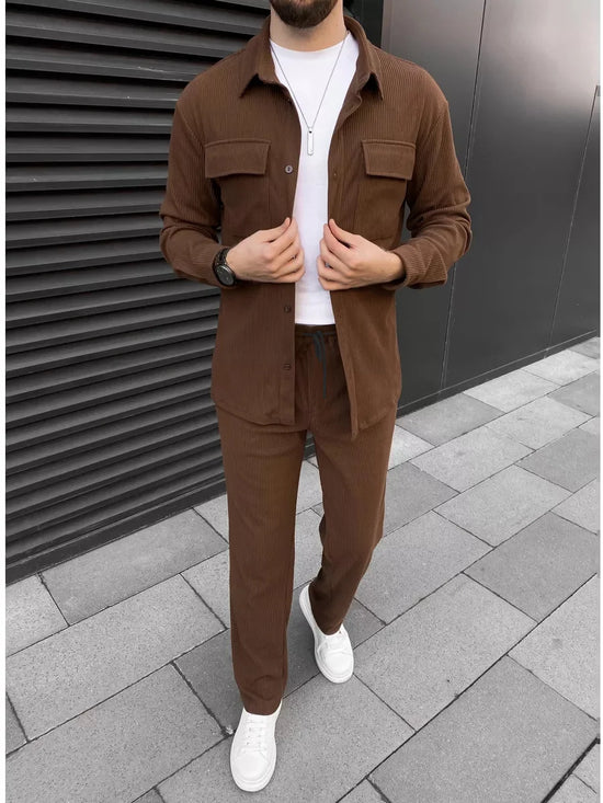 buckle lapel double pocket long sleeve two-piece casual - MyEmpired