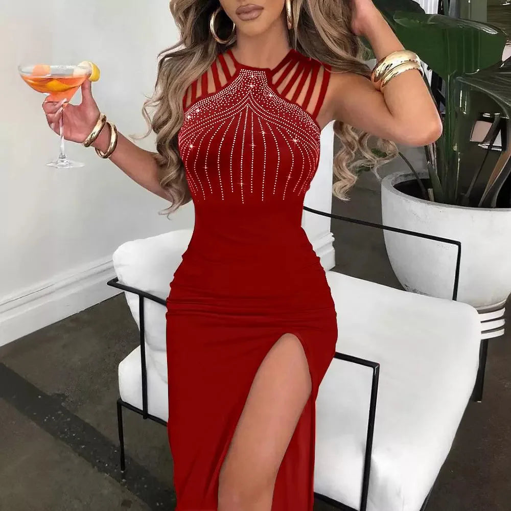 Women Dress Long Dresses Party Bodycon Sexy Slim Hot Drilling Sleeveless Sheath Solid Tight Waist Elegant Splice Vestidos Summer