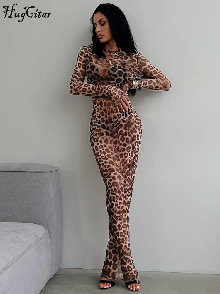 Hugcitar 2024 Leopard Print Mesh Long Sleeve Sexy Slim  See Through Maxi Dress Fall Women Fashion Outfits Beach Vacation Club