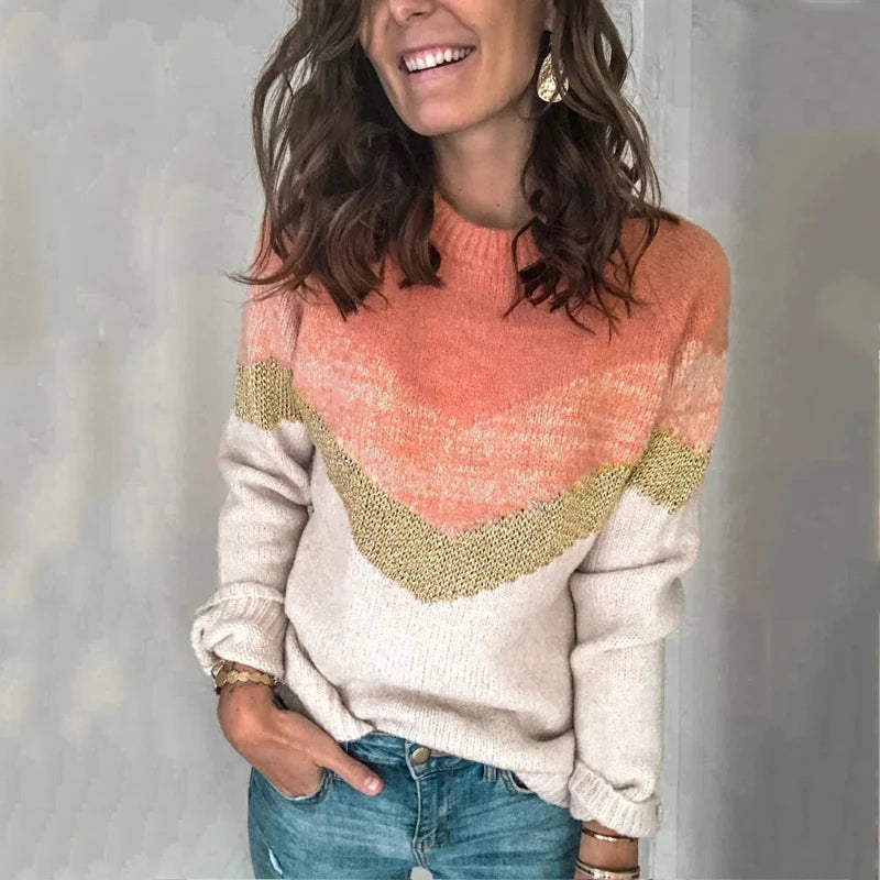 New Color Blocked Patchwork Knit Sweater with Round Neck and Shoulder Sleeves for Women