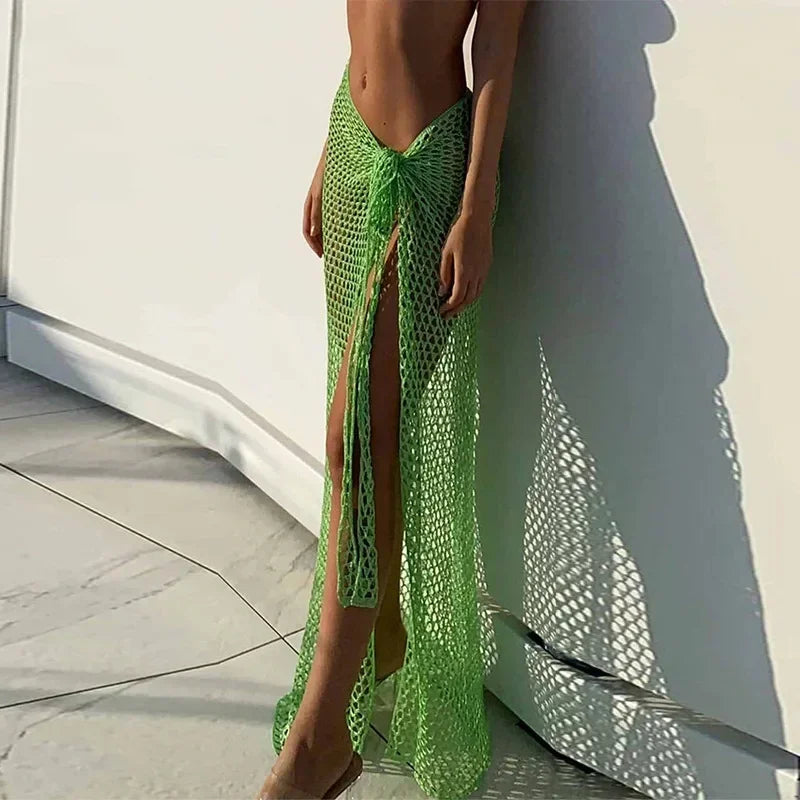 2024 Beach Cover Up Sexy See Through Dress Knit Long Skirts Mesh Hollow Out Through Wrap White Midi Skirt Party Outfits