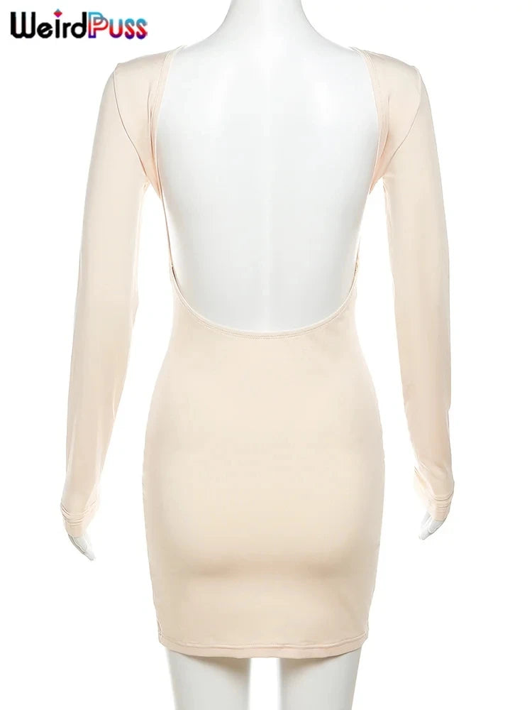 Weird Puss Sheath Backless Women Dress Full Sleeve Sexy Solid Autumn Fashion Slim Bag Hip Bodycon Ladies Eveing Party Prom Robe - MyEmpired