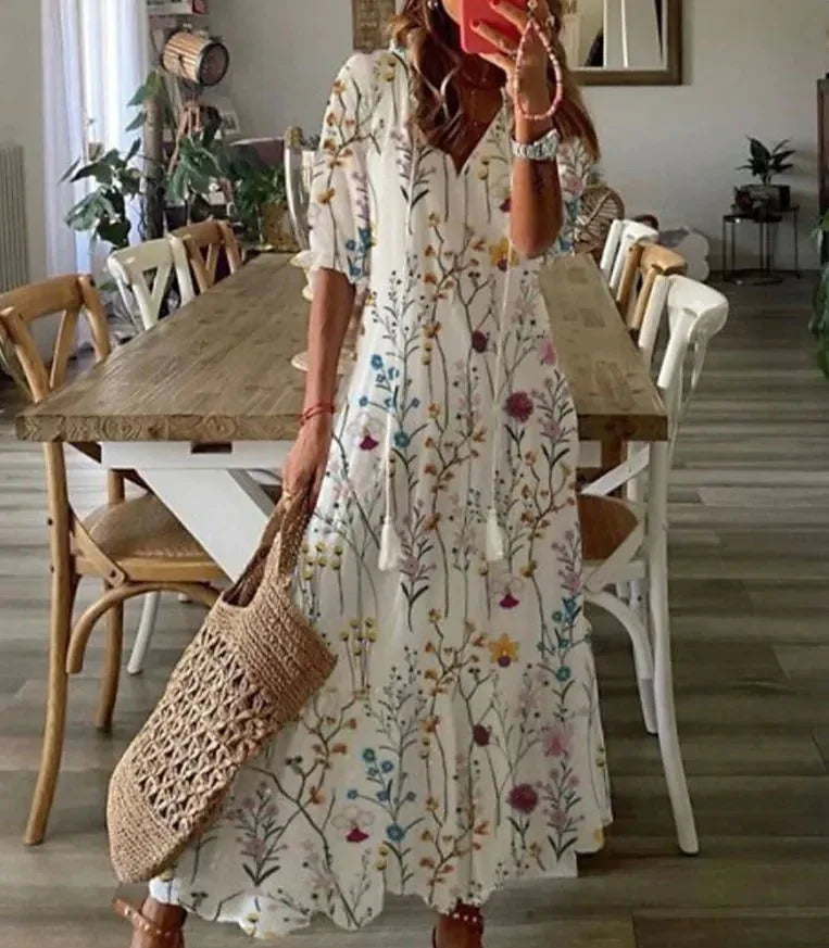 Spring Summer New 2024 Women's Casual Sweet Loose Sexy V-neck Drawstring Fashionable Printed Long Sleeved Dress