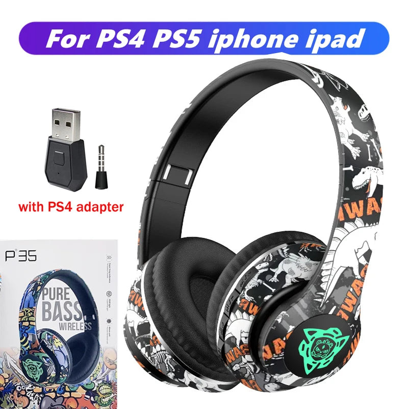 LED Graffiti Foldable Wireless Bluetooth Headphones Noise Canceling Super Bass Headsets Gamer Earphones Support TF With HD Mic