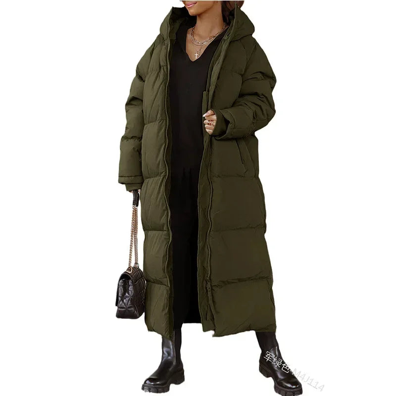 Hooded Solid Color Long Cotton Coat Fashion Casual Zipper Long Sleeve Women&