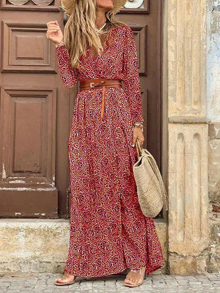 Women's Autumn Winter New Long Sleeved Sexy V-neck Hem Slit Bohemian Fashion Printed Floral Casual Dress Women's Clothing