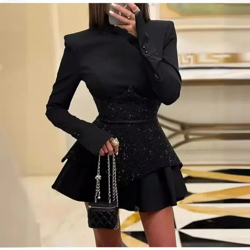 New Fashion Splicing Sequins Long-sleeved Crew Neck Short Dresses Sexy Party Vacation Little Black Dress for Women