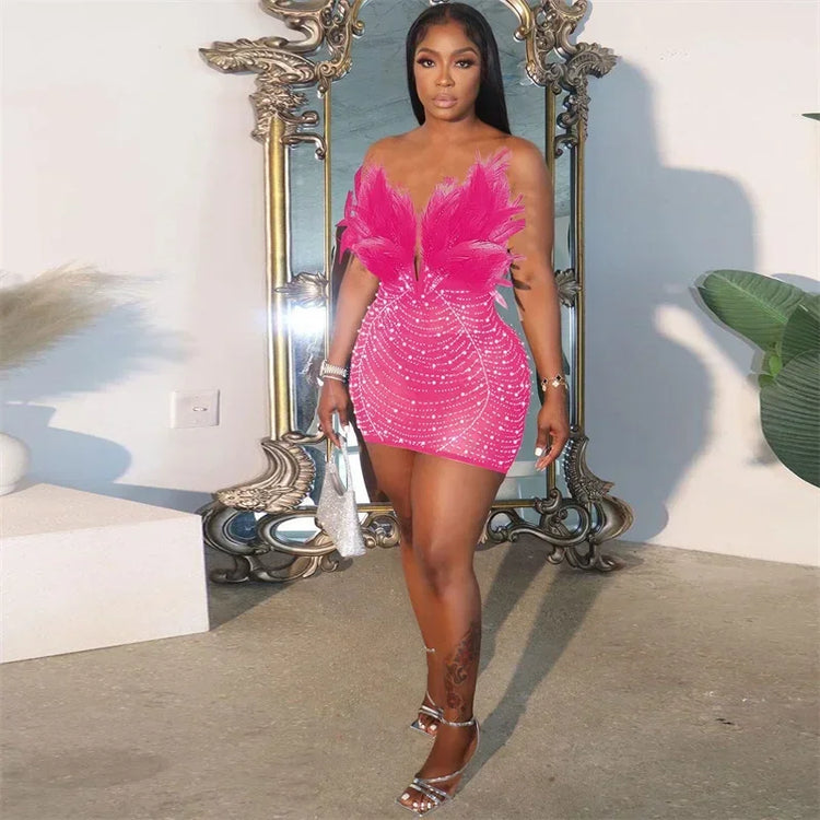 Sexy Club Party Night Feathers Rhinestones Birthday Dresses for Woman Elegant Backless Diamond Sheer Mesh Bodycon Dress Vestidos - MyEmpired